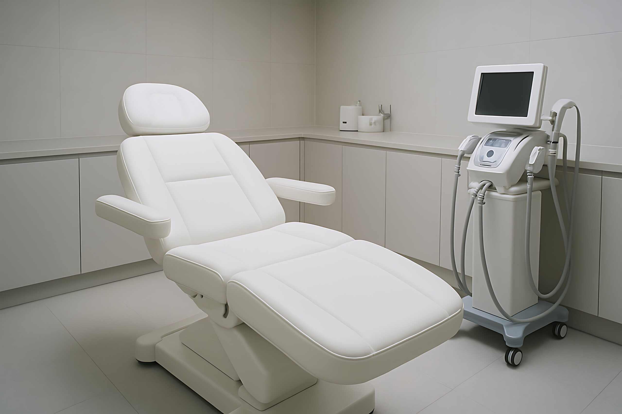 Therapieliegen in moderner Praxis mit verstellbarer Liege und medizinischem Gerät in heller Umgebung