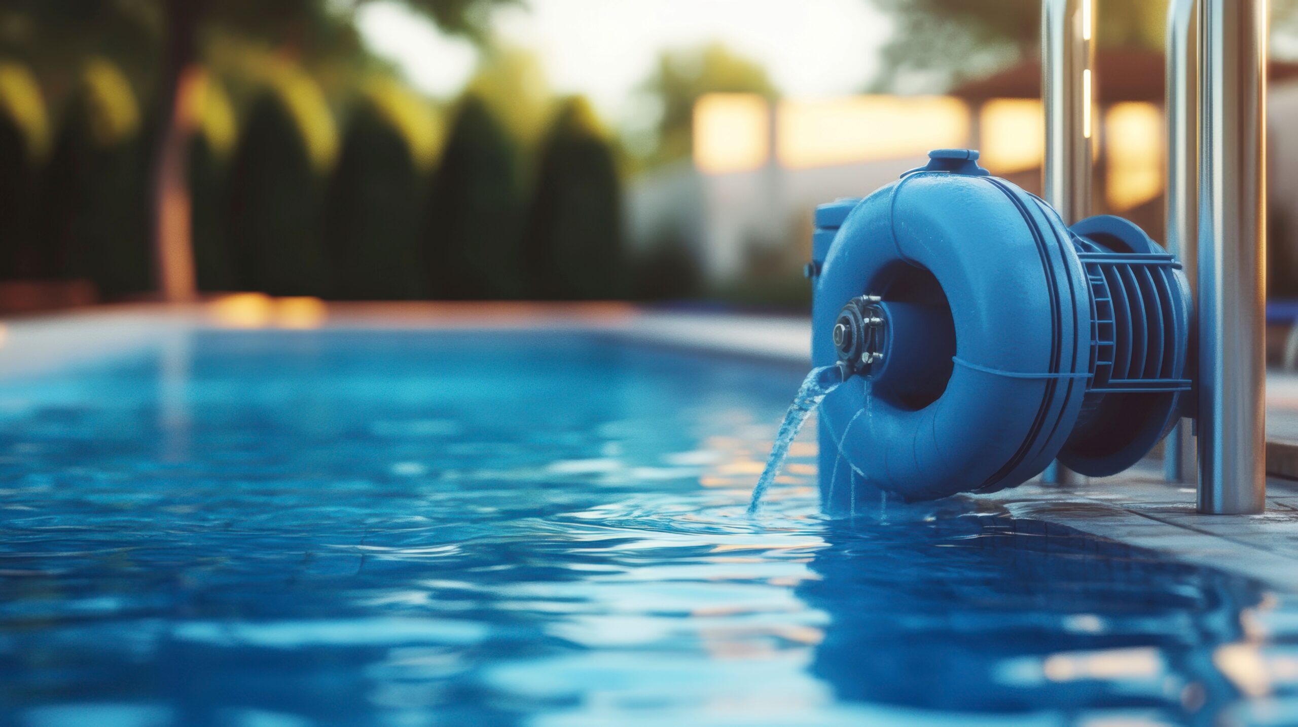 Blaue Poolpumpe filtert Wasser in einen Swimmingpool.