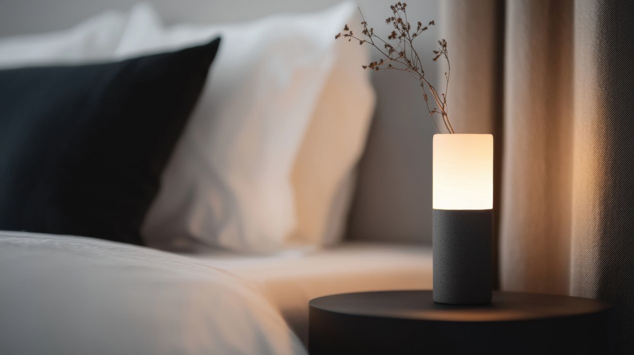 Moderne Nachttischlampe mit indirekter Beleuchtung auf Nachttisch – warmes Licht als Teil schlaffreundlicher Einrichtung